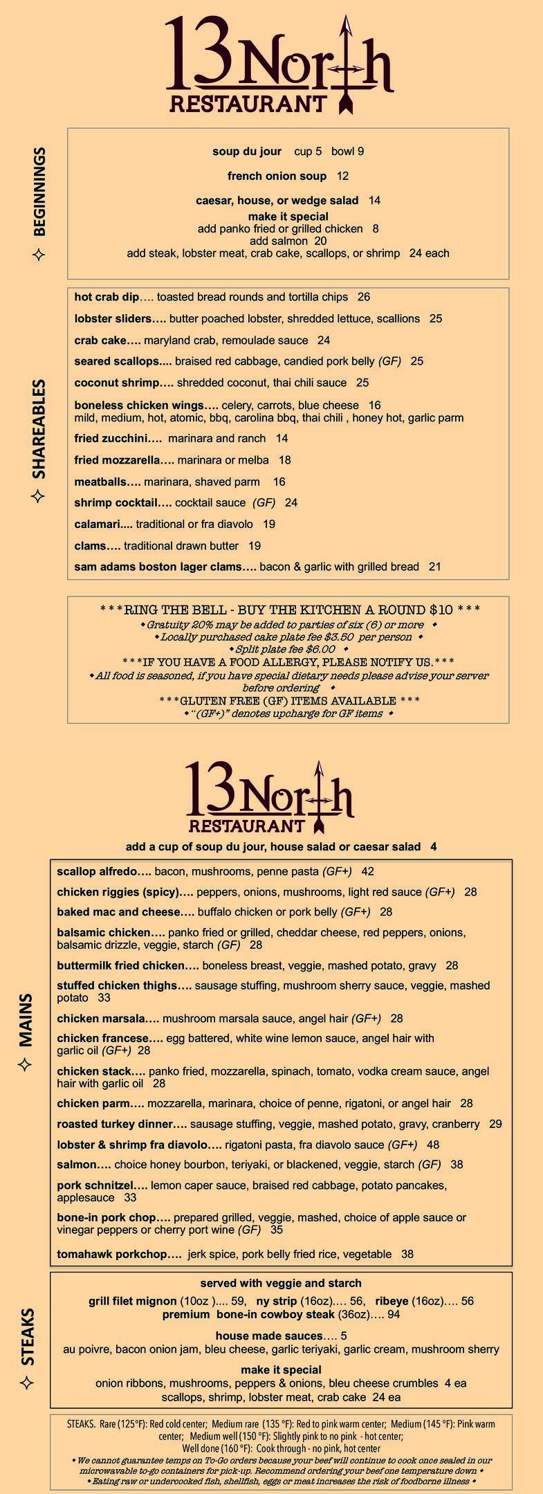 13 North Dinner Menu