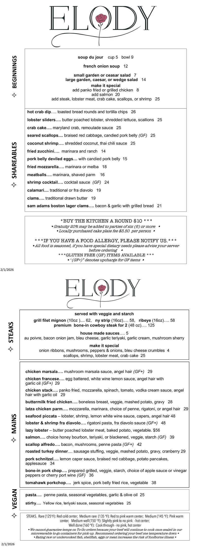 13 North Dinner Menu