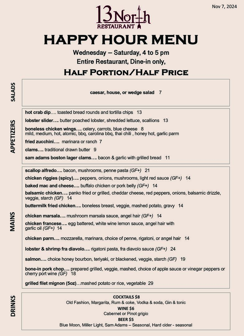 13 North Happy Hour Menu